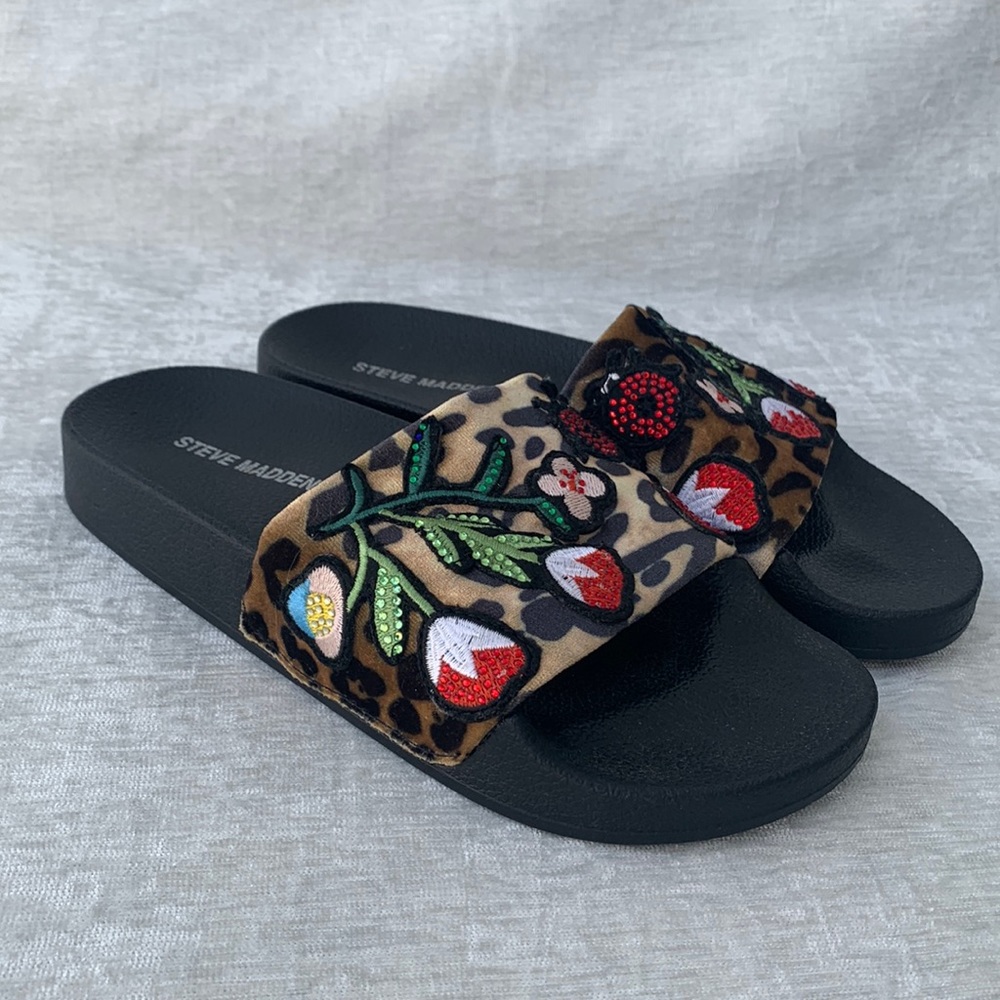 Steve Madden Patches Leopard Print Embroidered Sequin Slides